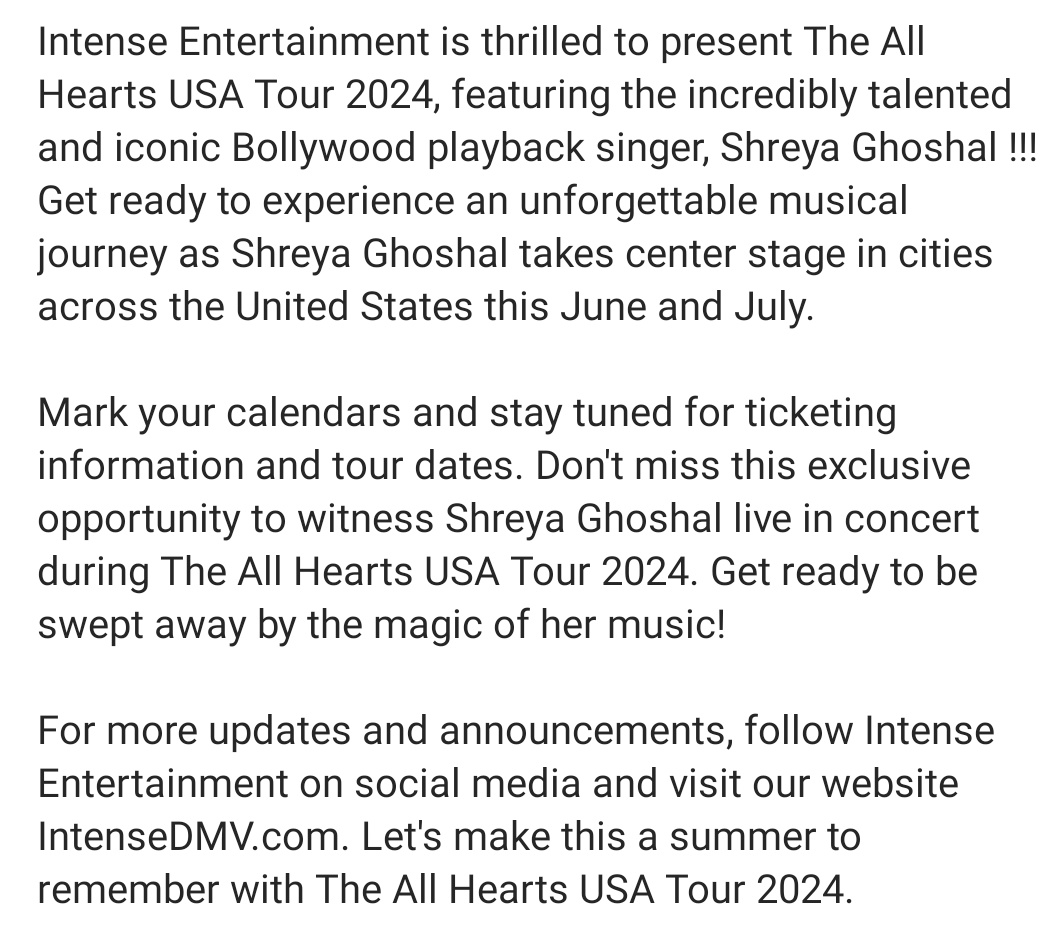 Shreya Ghoshal USA Tour 2024 An Musical Experience